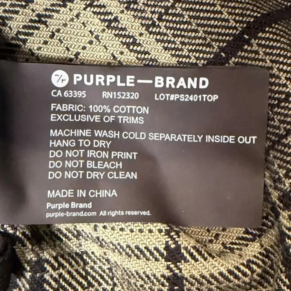 PURPLE BRAND Men's Plaid Flannel Shirt Size SMALL Green Black Heavyweight